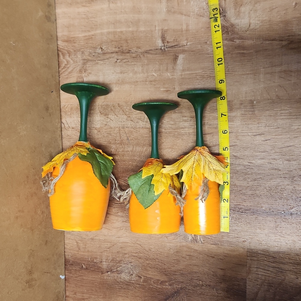 🎄Hand Crafted Pumpkin Wine Glass Candle Holder Set of 3 - Picture 8 of 8